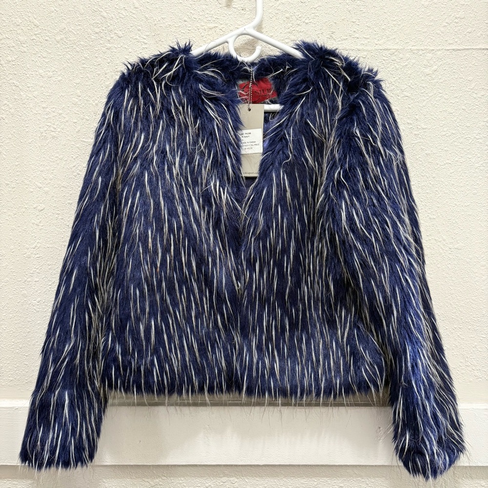 Celsius Premium Faux Fur Navy Multi Jacket NWT Size M